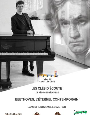 Affiche du concert conférence sur Beethoven avec photos du pianiste Jérôme Fréjaville et de Beethoven