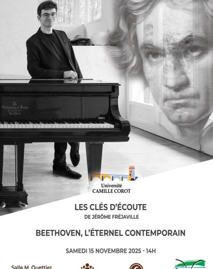 Affiche du concert conférence sur Beethoven avec photos du pianiste Jérôme Fréjaville et de Beethoven