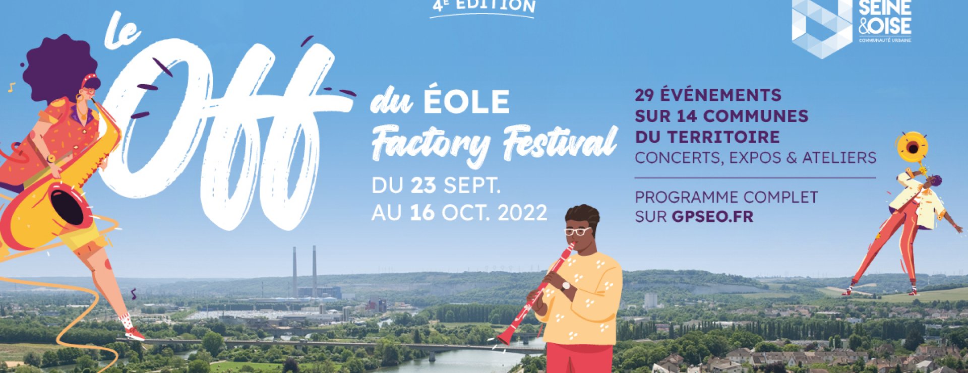 bandeau festival éole off 2022 : photographie Seine titre du festival et personnages musiciens illustrés