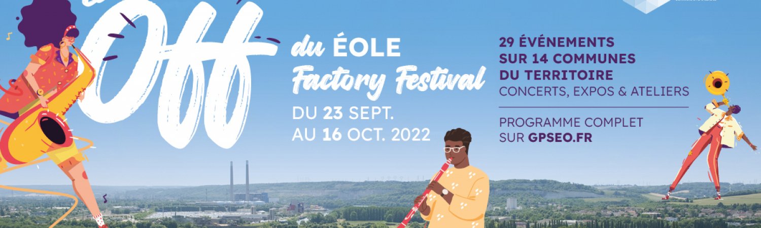 bandeau festival éole off 2022 : photographie Seine titre du festival et personnages musiciens illustrés