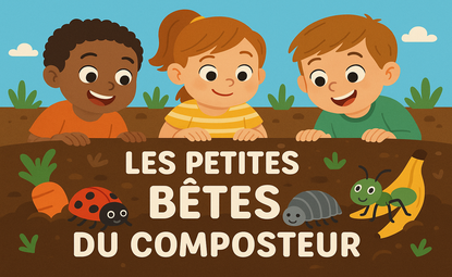 Image d'enfants penchés au dessus de petites bêtes (coccinelle, fourmi...)